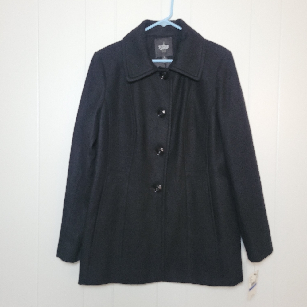 NWT Tower By London Fog Black Wool Blend Peacoat Single Breasted Collared XL